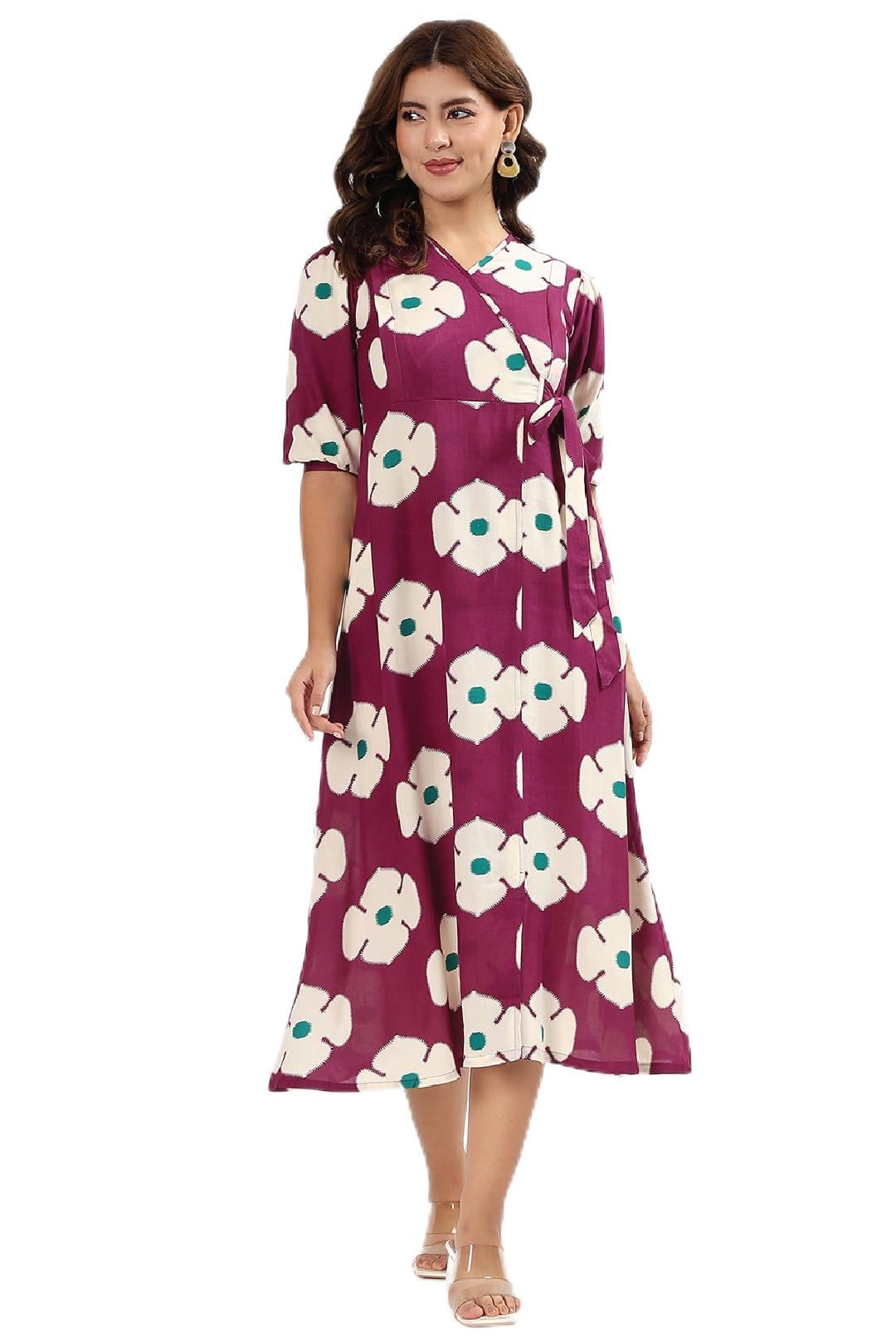 Cotton V Neck Elbow Sleeves Woven Flared Mulberry Blossom Feeding Dress - Grapevine-image-10