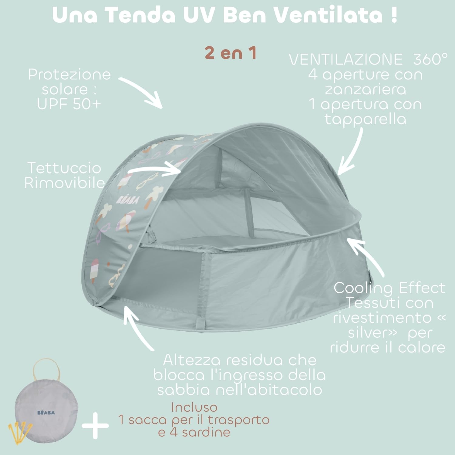 BÉABA, Tenda Da Spiaggia Per Bambini 2 In 1, Da 0 A 24 Mesi, Protezione Solare Massima UPF50+, Filtraggio UV, Ventilazione 360°, Zanzariera, Sistema Pop-Up, Borsa Da Trasporto, Breezynest, Cachi