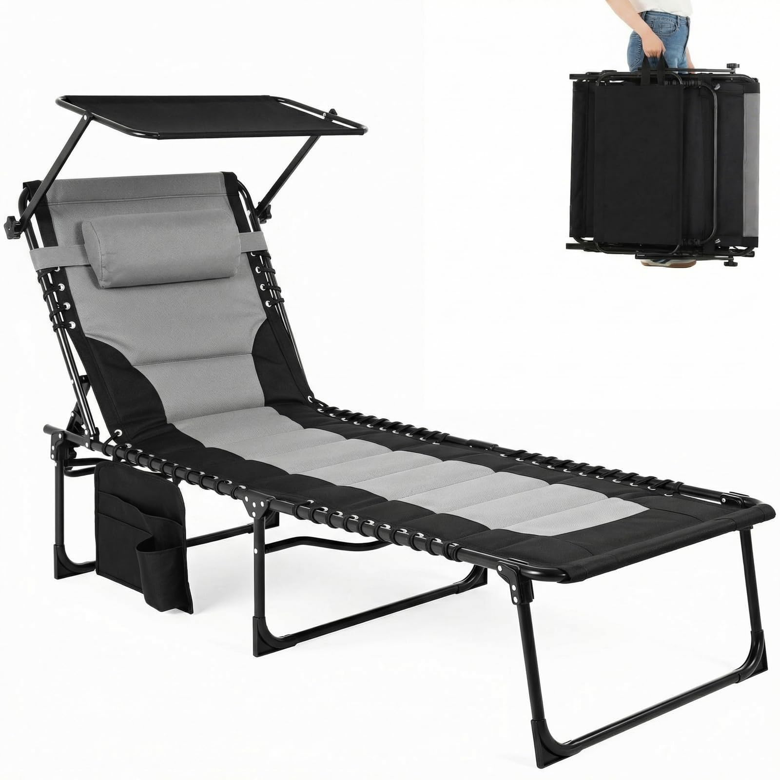 Clevich XXL Sonnenliege klappbar mit Dach, 199 × 66 cm extra breit, gepolstert, Liegestuhl verstellbar mit 5 Rückenlehnen und 2 Beinpositionen, bis 150 kg belastbar, für Pool, Garten, Balkon