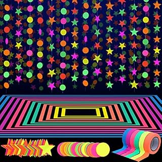 127ft Neon Party Supplies Set, 6 Colors 98.4ft UV Blacklight Reactive Tape, 29ft Neon Paper Garlands Circle Dots Stars Hanging Decorations for Birthday Wedding Glow Party Decorations