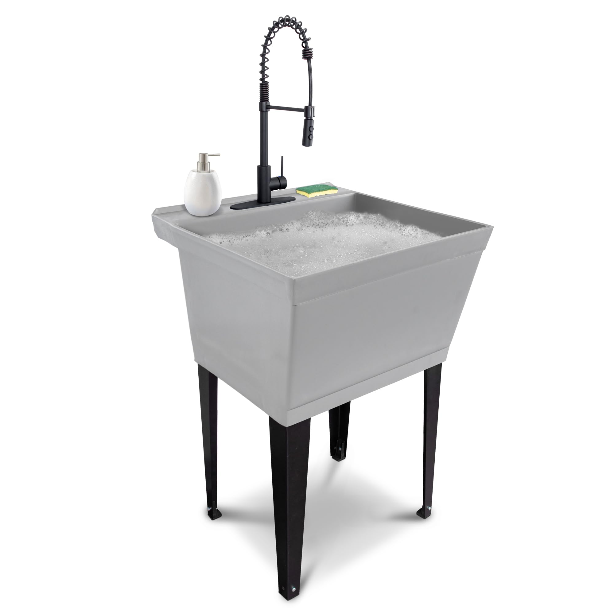 Utility Sink Extra-Deep Laundry Tub in Grey with High-Arc Coil Pull-Down Sprayer Faucet in Matte Black, Integrated Supply Lines, P-Trap Kit, Heavy Duty Floor Mounted Freestanding Wash Station