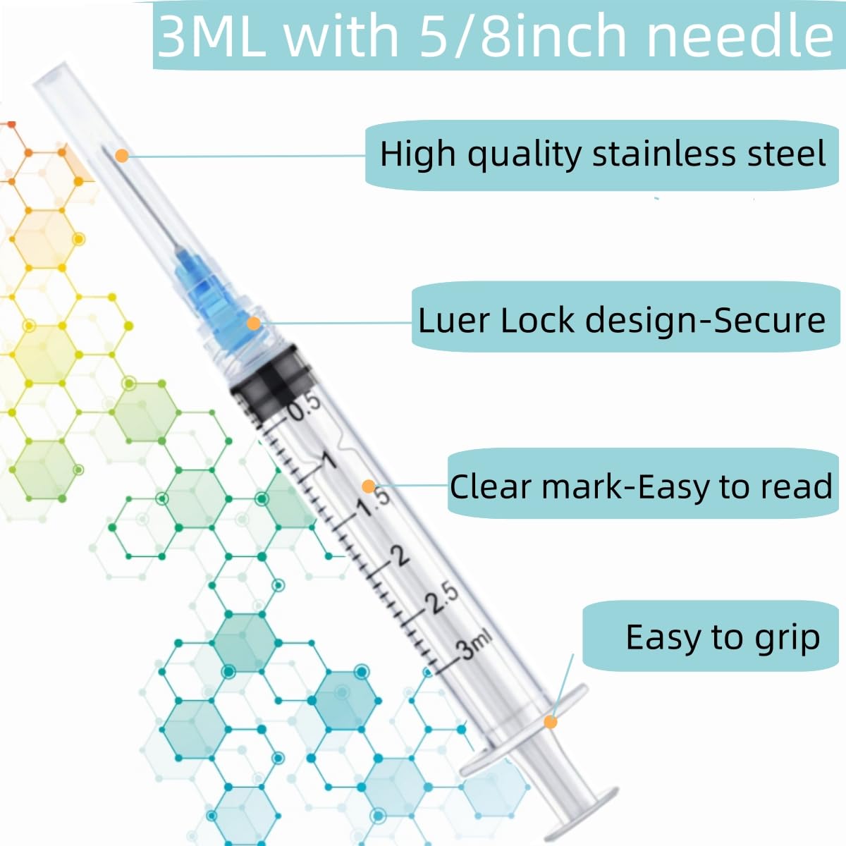 100 Pack 3ml Syringes with Needle - 23 Gauge, 5/8 inch Needle Luer Lock Syringe Individually Sealed Packaged — Amazon image 3