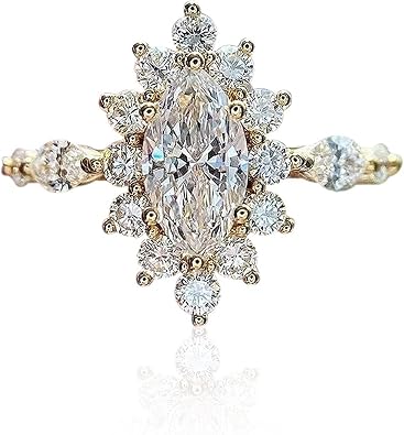 Psiroy Womens Halo Engagement Rings Fashion Jewelry Yellow Gold Plated Cubic Zirconia Marquise Cut Wedding Ring