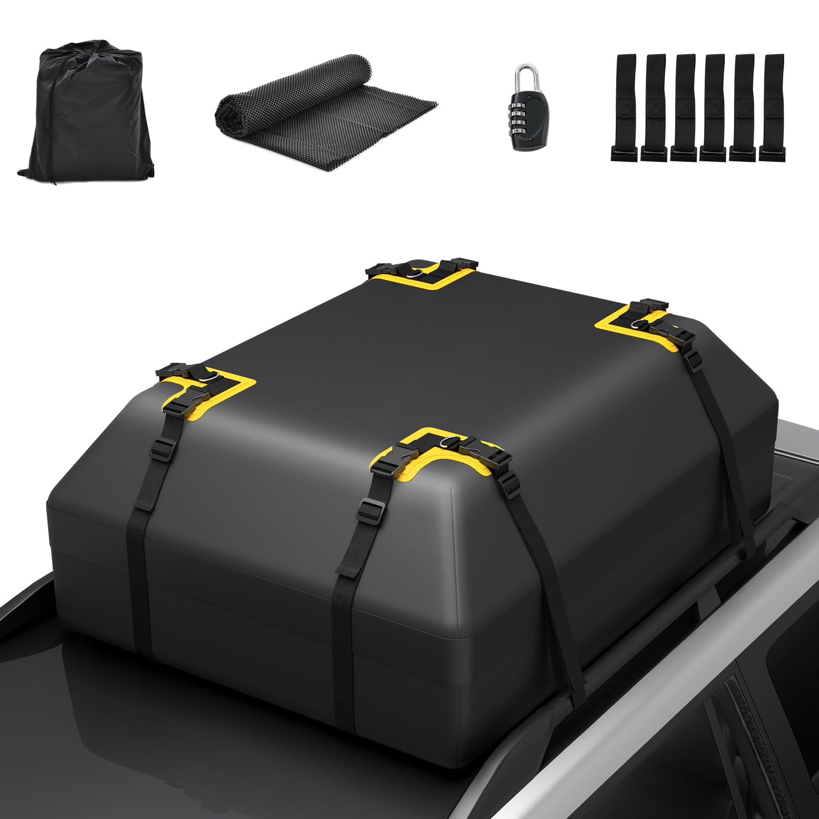 GOPLUS Cofre de techo para coche de 400 L, impermeable, para coche con/sin portaequipajes, con alfombrilla antideslizante y 6 ganchos para puerta, caja de almacenamiento para viajes y transporte de