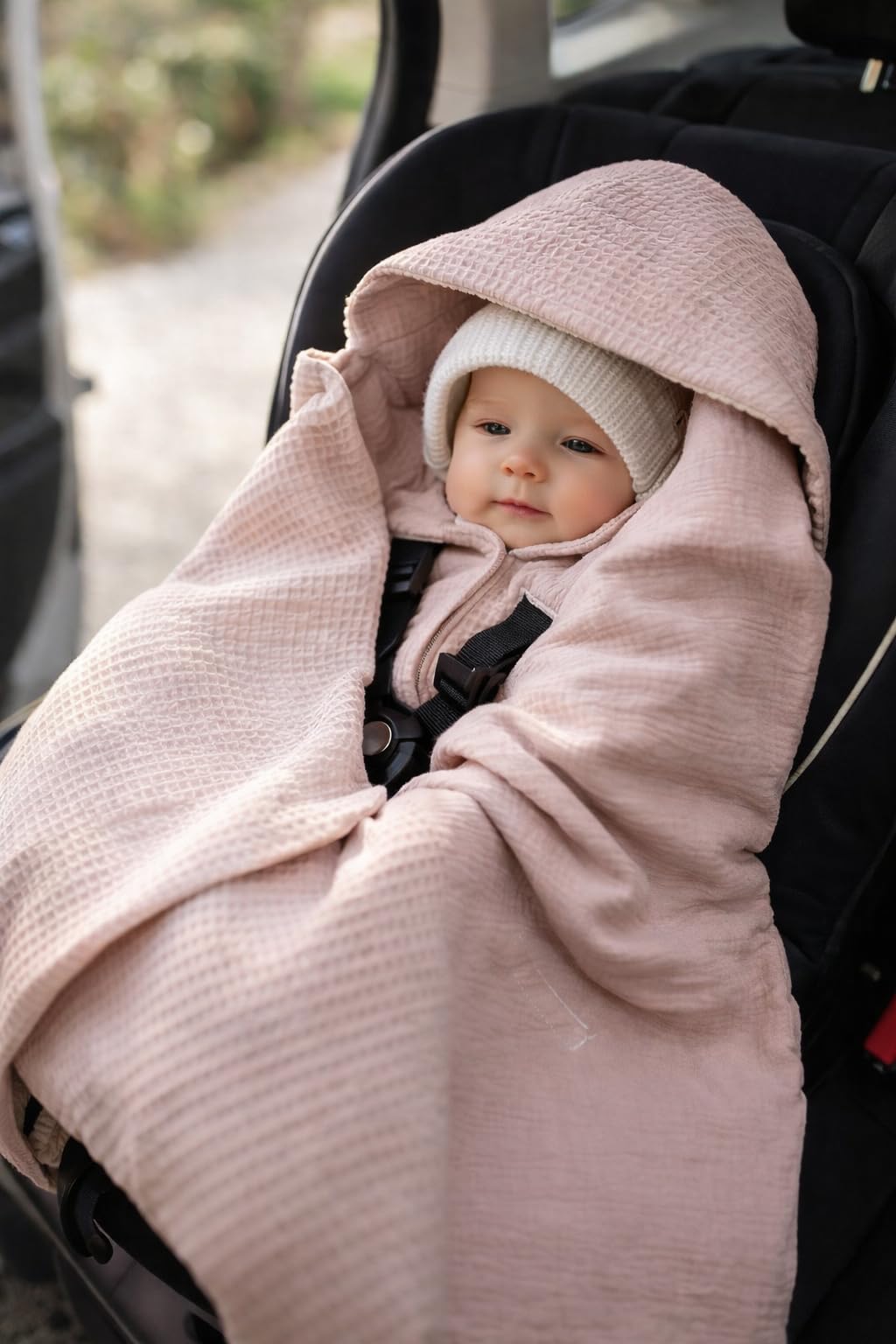 Musselin Einschlagdecke Babydecke 90x90 cm für Babyschale – Sommerdecke atmungsaktiv & leicht, für Kinderwagen und Autositz, für Neugeborene & Kleinkinder, aus Waffel & Musselin, Oeko-Tex - Rosa