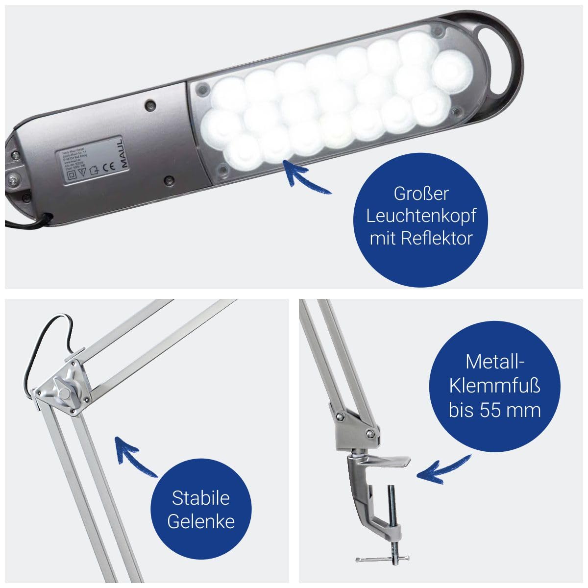 MAUL LED Tischlampe silber MAULatlantic Klemmfuß flexibler Doppelarm | tageslichtweißes Arbeitslicht, flexibel ausrichtbarer Kopf, platzsparende Tischklemme, GS-geprüft, wechselbare Lichtquelle