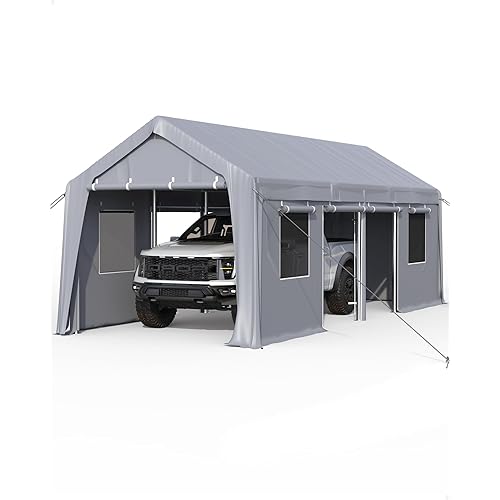 Heavy Duty Zipper Door Replacement for Carport or Portable Garage – 160G PE Fabric – Weatherproof, Durable Cover – Fits 13' x 20'/25' Frames – Grey Color, 160G Specification