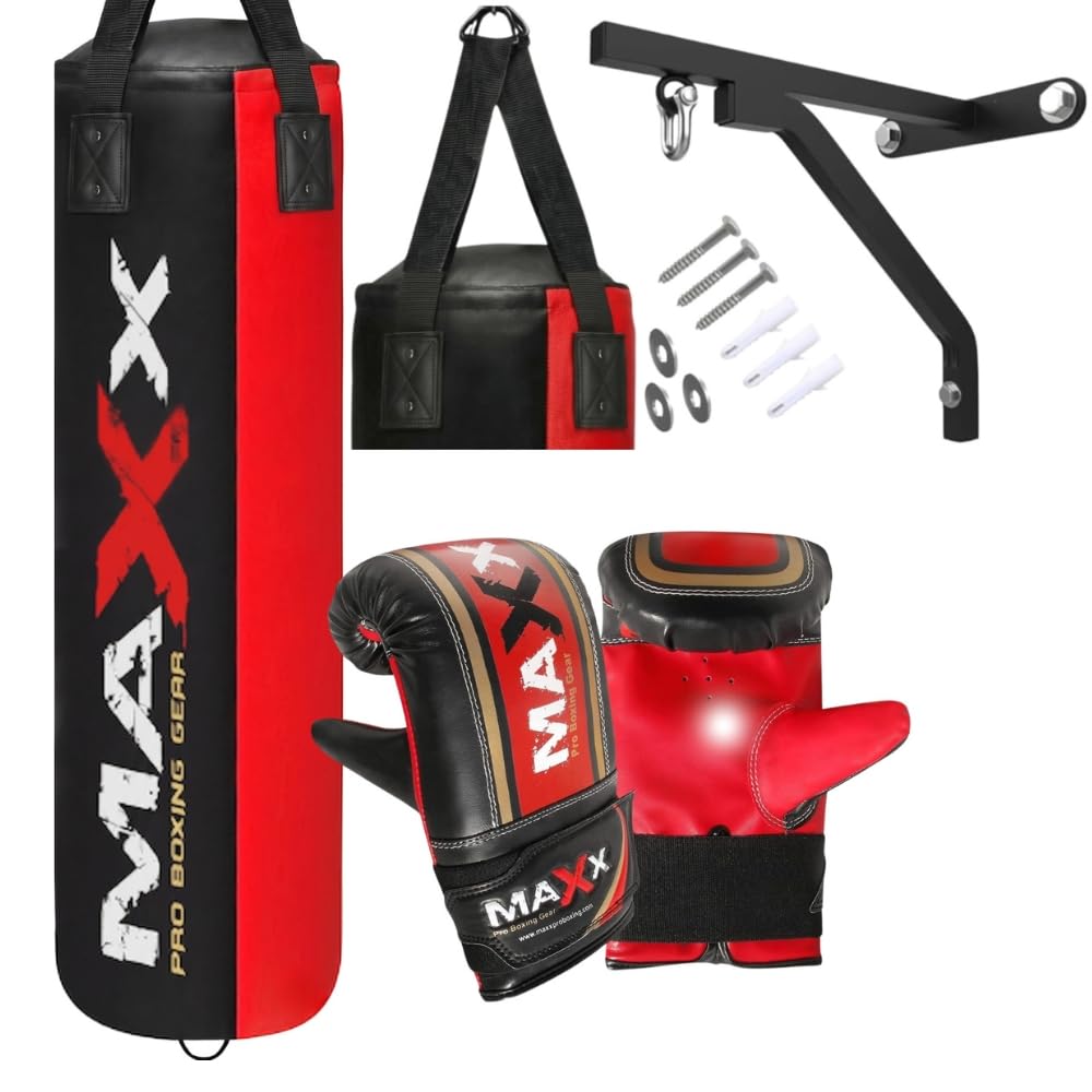 Maxx Black and Red 3ft 4ft 5ft 6ft Filled Hanging Boxing Punch Bag Set Heavy Punching bag (6PCS WITH BRACKET, 3FT)