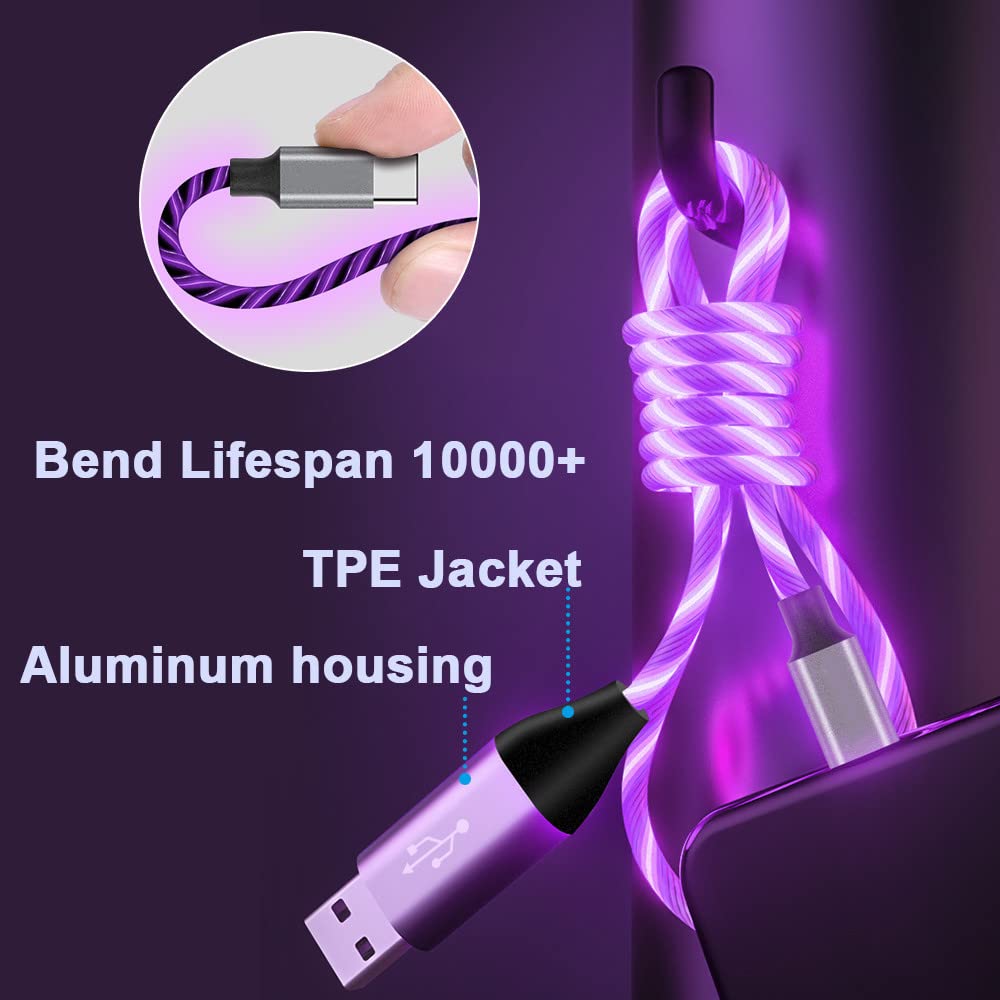 USB Type C Cable, LED Light up USB A to Type C Charger Cord Compatible with Samsung Galaxy S20/S10/S9/S8, LG V40, 3A Lighted Fast Charge Cord (Purple, 6 ft) image 2