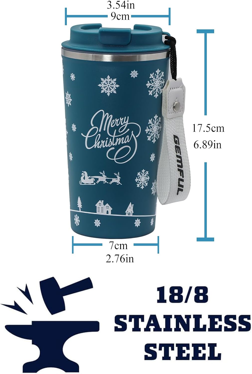 GEMFUL Travel Coffee Mug 17 oz Christmas Tumbler Gifts Screw Top Insulated Coffee Cup Leakproof BPA Free Xmas Fits in Car Cup Holder for Lover Female or Male (Blue) - Image 5