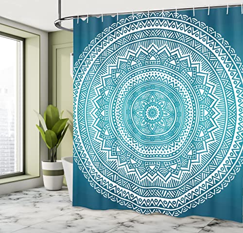 Ambesonne Turquoise Ombre Shower Curtain, Mandala Medallion Starry Design With Flower In Middle Art, Cloth Fabric Bathroom Decor Set With Hooks, 69" W X 70" L, Dark Turquoise #TOP3