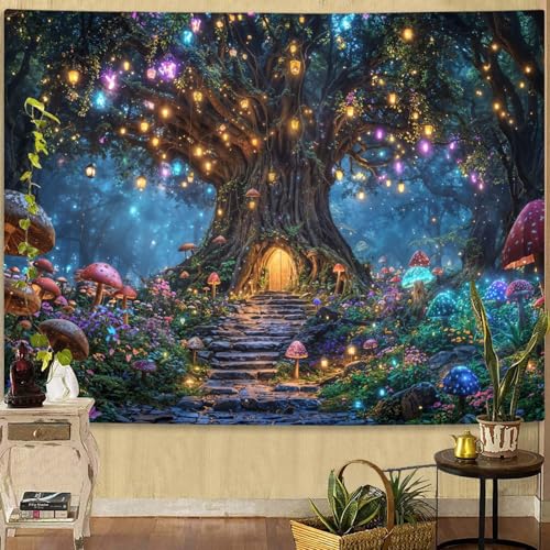 Lifeella Tree of Life Tapestry, Mushroom House Wall Art, Fantasy