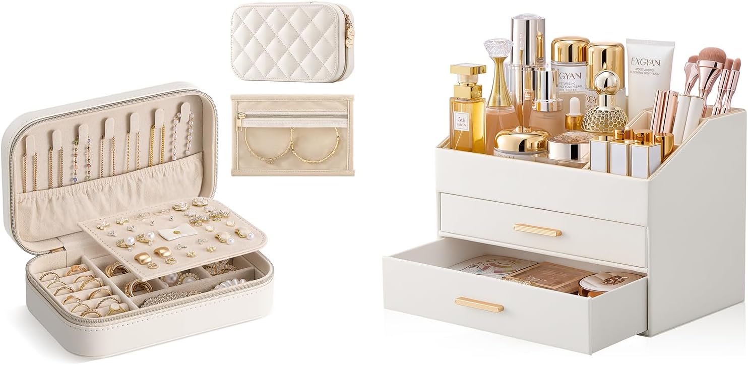 Lolalet Travel Jewelry Case for Women Girls with Clear Storage Bag Bundle with Makeup Organizer for Vanity Desk