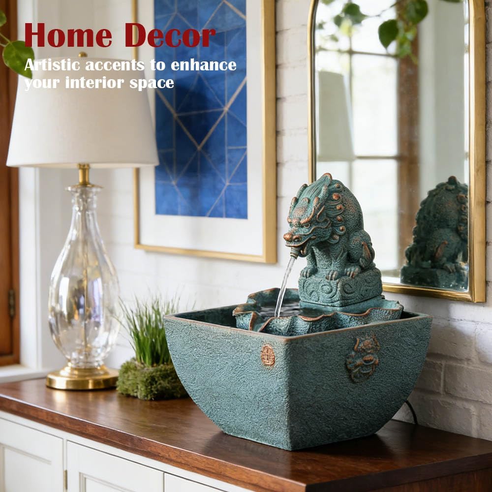 Zen Tabletop Dragon Fountain, Water-Spouting Dragon Lotus Pedestal, Meditation Waterfall with Pebbles, Indoor Desktop Water Feature for Home Decor, Living Room, Bedroom, Office (Dragon Green)