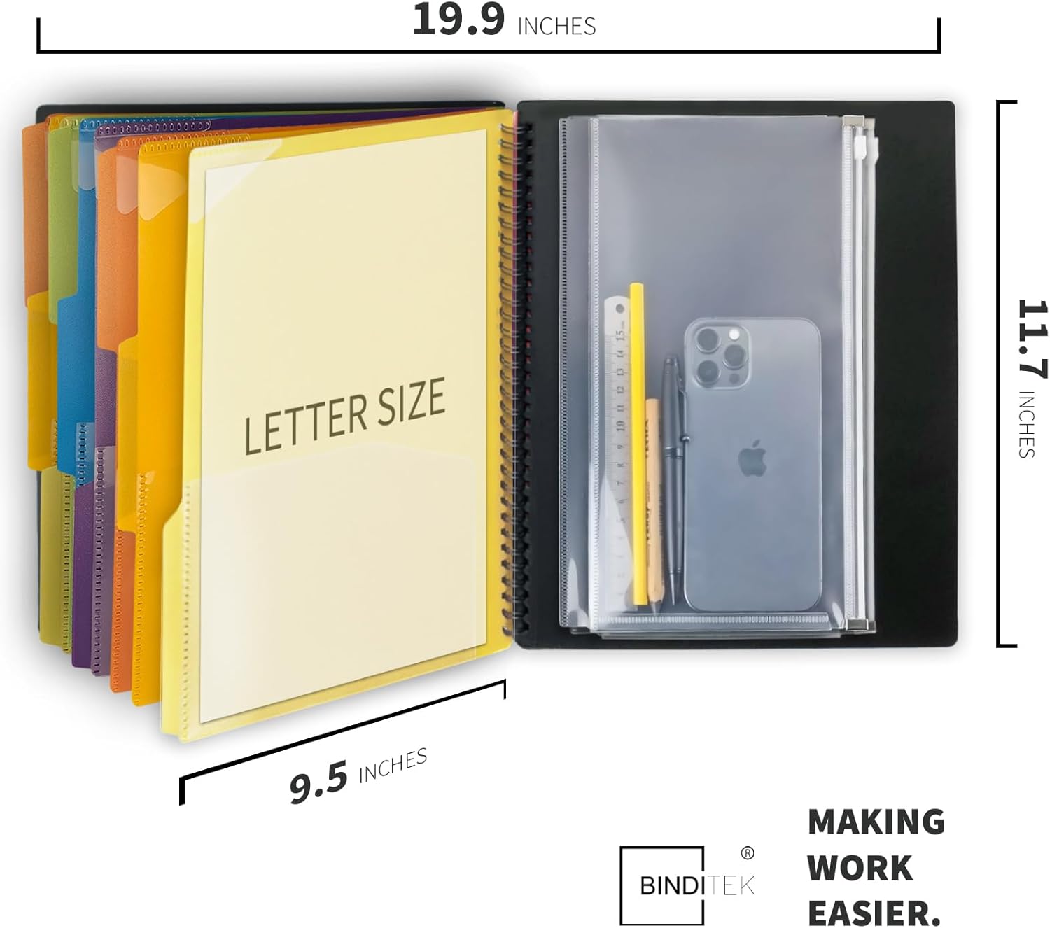 Binditek 3 Pack 18 Pocket Poly Project Organizer with 9 Dividers, Heavyduty Folder with Customizable Front Cover, Metal Wire Binding Spine, Extra Zipper Pouch, Letter Size, Office Supplies