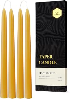 10 inch Natural Beeswax Taper Candles 4 Pack - Dripless Candle 100% Pure Unscented Beeswax, 8 Hours Long Burning Time -Yellow