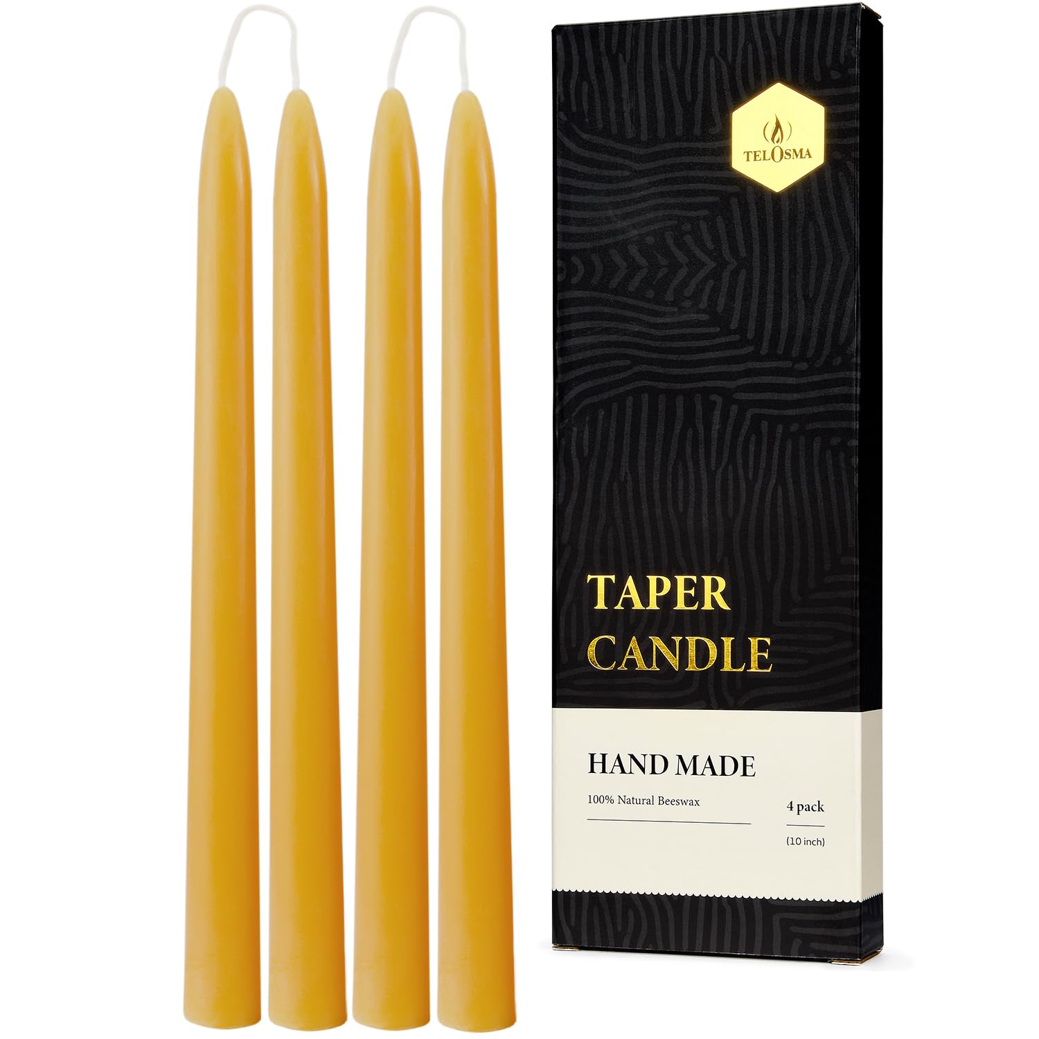 TELOSMA 10 inch Pure Beeswax Taper Candles, Unscented, Yellow, 4 Pack