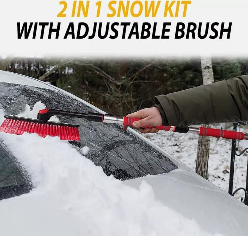 62" Portable Extendable Snow Brush and Ice Scraper 360° Pivoting Brush Head