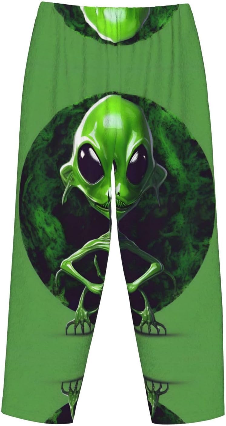 Green Alien Print Cozy Flannel Pajama Pants For Women,Warm Christmas Pj Pants,Cute Fleece Pajamas