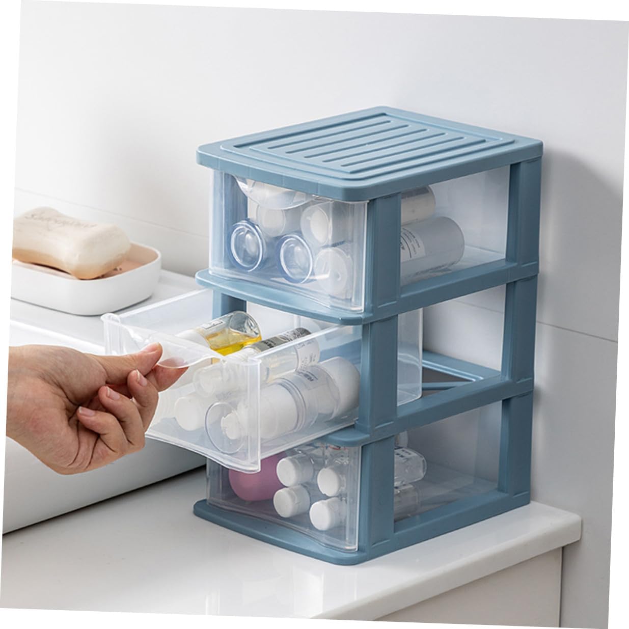 TEHAUX 2pcs Three-layer Stackable Drawer Organizer Storage Boxes for Desktop Sundry and Makeup Portable Transparent Tabletop Storage with Large Capacity for Cosmetics and Items