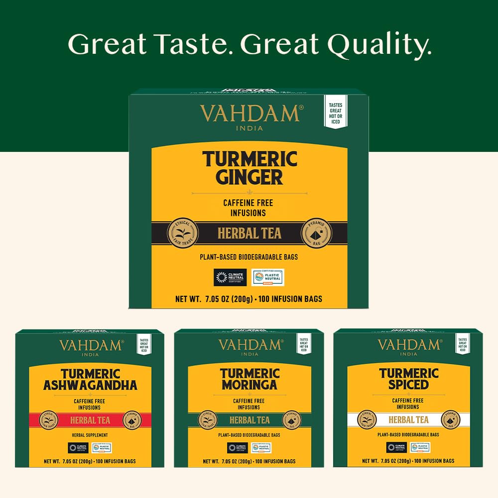 VAHDAM, Organic Turmeric Ginger Herbal Tea Bags (100 Pyramid Tea Bags) Caffeine Free, Non GMO | 100% Pure Herbal Blend - Savory & Spicy, Plant-Based Teabags | Resealable Ziplock Pouch - Image 8