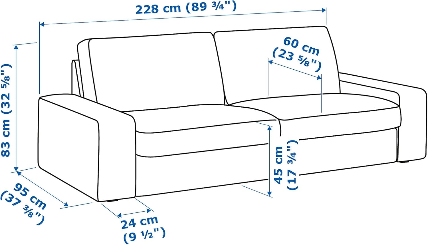Diagram showing the dimensions of the IKEA KIVIK 3-seater sofa in centimeters and inches.