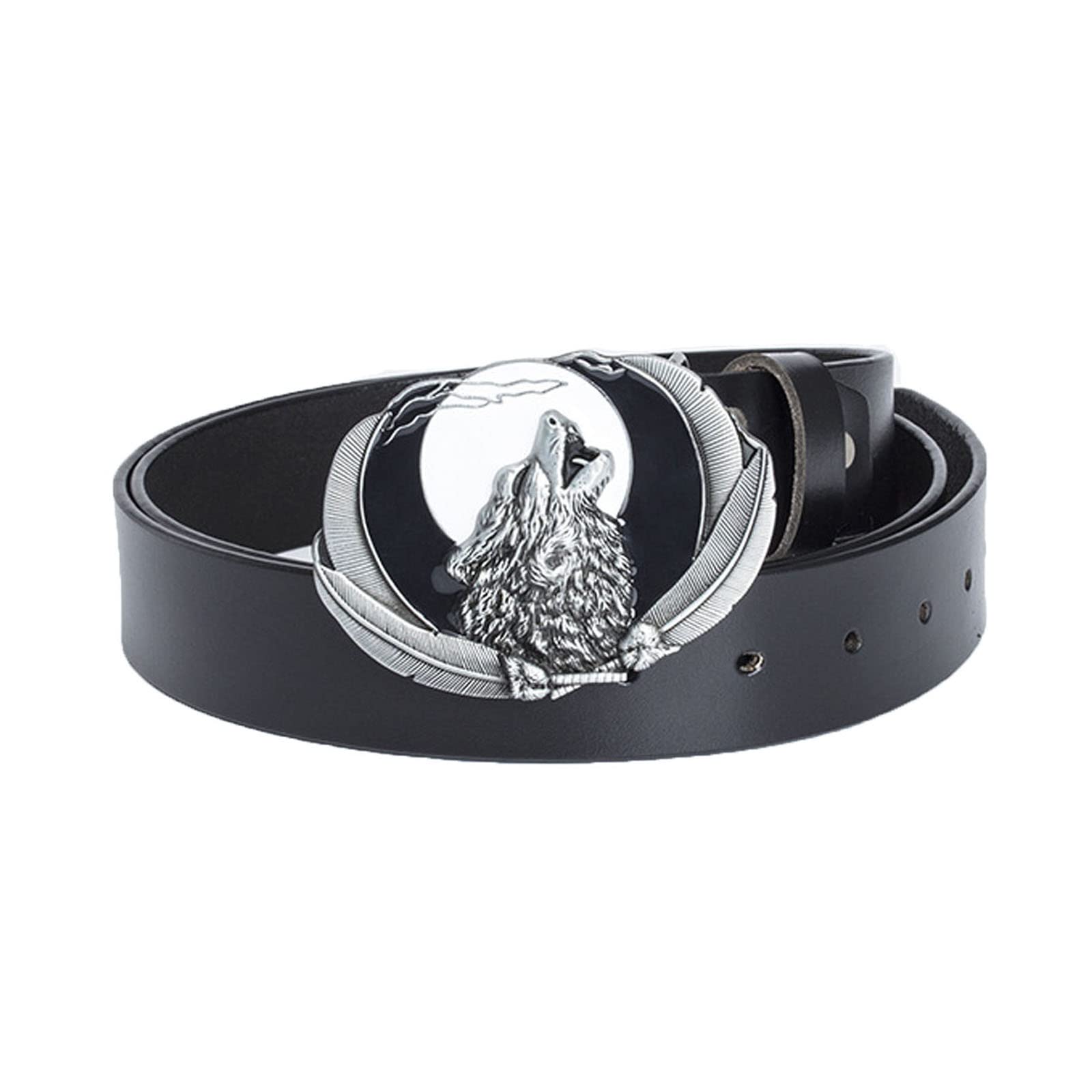 Wrjahcg Unisex White Belt For Men, Norse Viking Wolf Head Belt Buckle Howling Wolf Moon Belt Western Cowboy Belt,,90Cm/35.43''