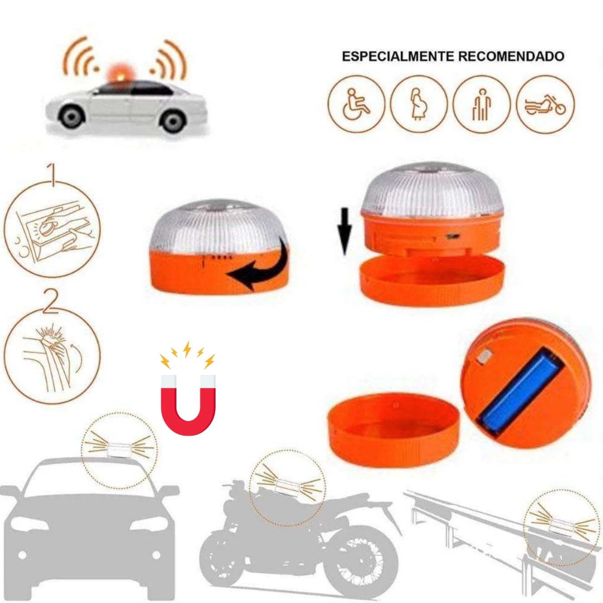 Kinka Modas Kit de Emergencia Vial con Luz LED Magnética Homologada (V16) y Chaleco Reflectante – Recomendado por la DGT – Apto para Coche, Moto, Camión, Autobús y Caravana