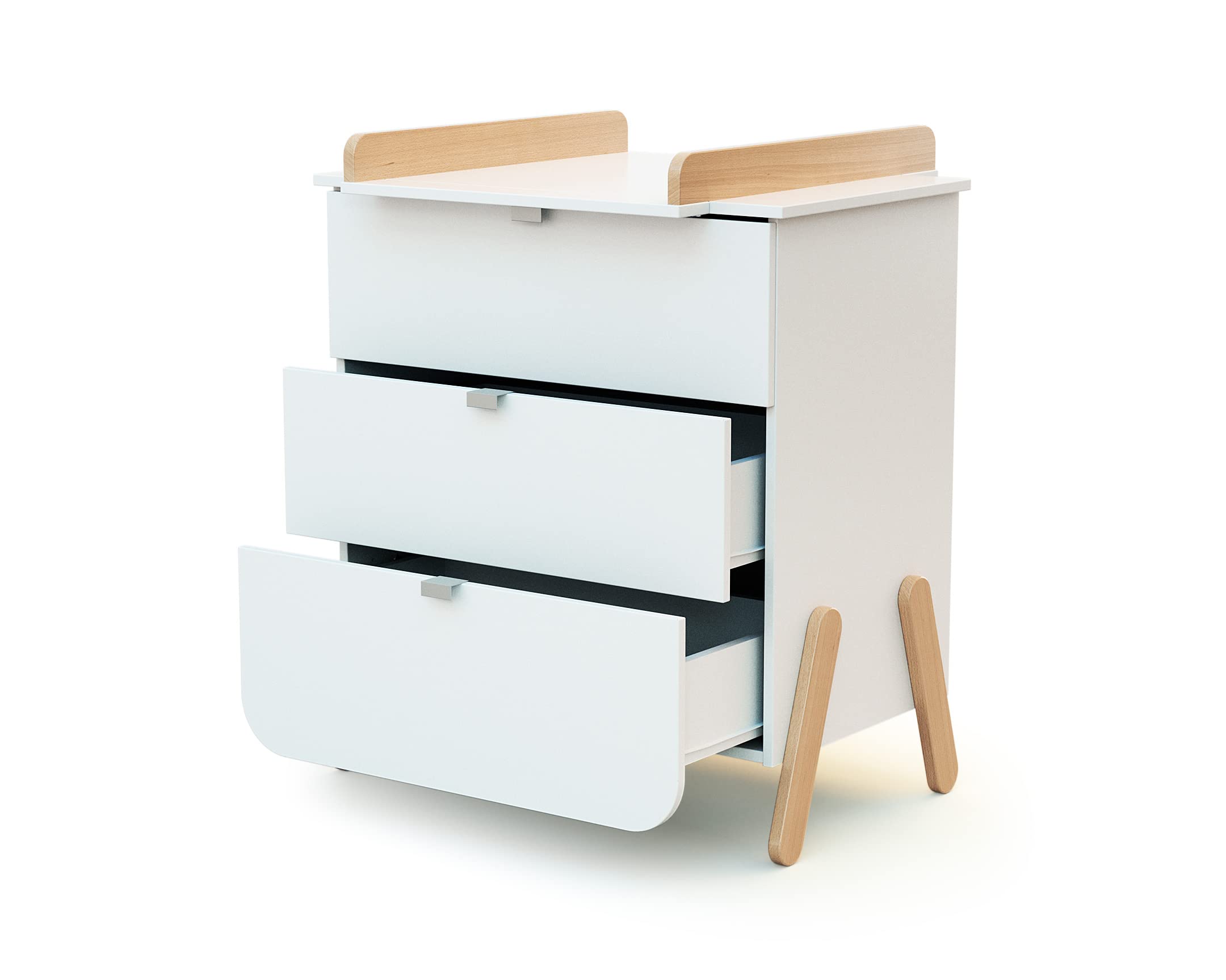 AT4 - Chambre bébé lit évolutif 70 x 140, commode à langer et armoire en bois PIRATE Blanc et Hêtre Verni | Armoire 6 étagères dont 4 réglables et une penderie | Plan à langer inclus