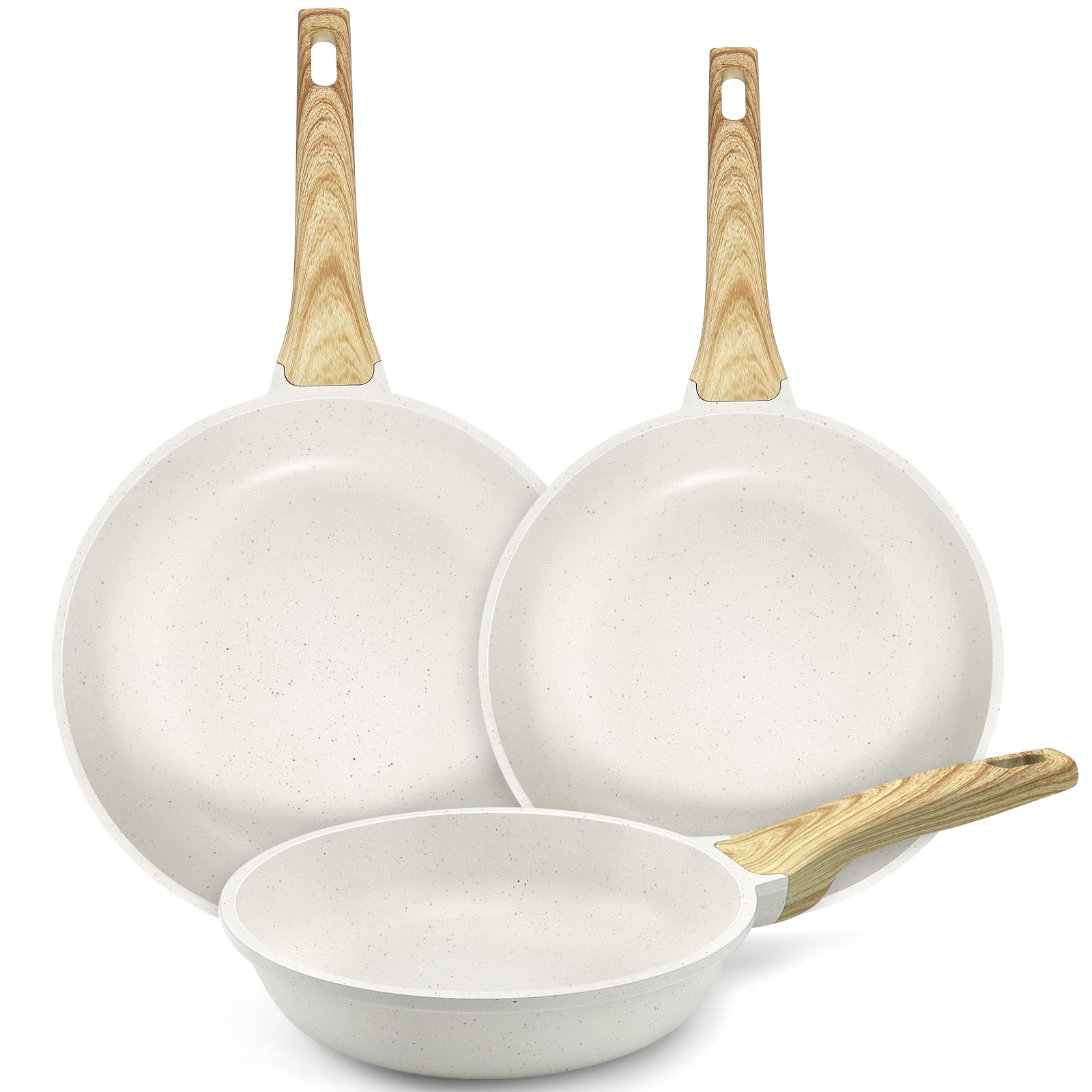 GiPP Nonstick Skillet Frying Pan Set,White Granite Non Stick Pans,Omelette Pan with Heat-Resistant Handle,Compatible with All Stovetops,PFOA Free (White, 24+26+28cm)