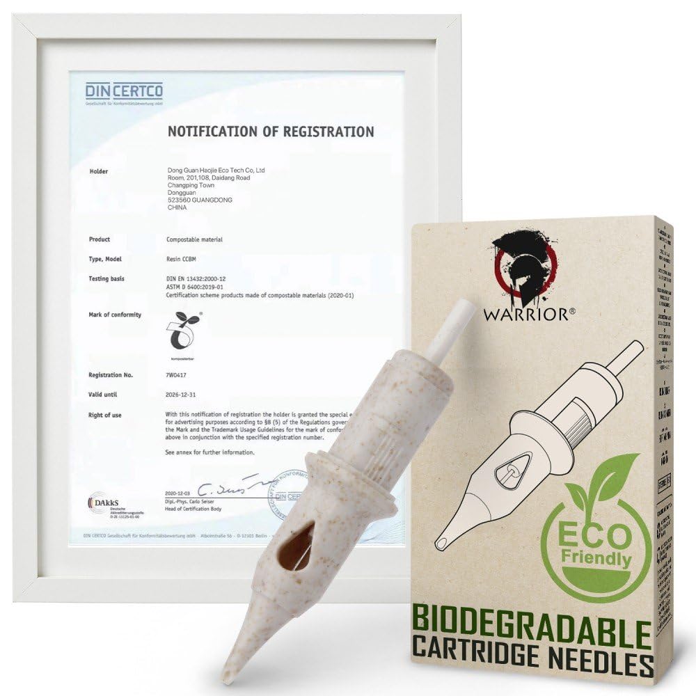Biologisch abbaubare Tattoo-Nadelkartuschen WARRIOR, umweltfreundliche Tattoo-Nadelkartusche, runder Liner, 20 Stück, japanischer Chirurgenstahl, Einweg-Permanent-Make-up-PMU (0.25mm-0807RL)