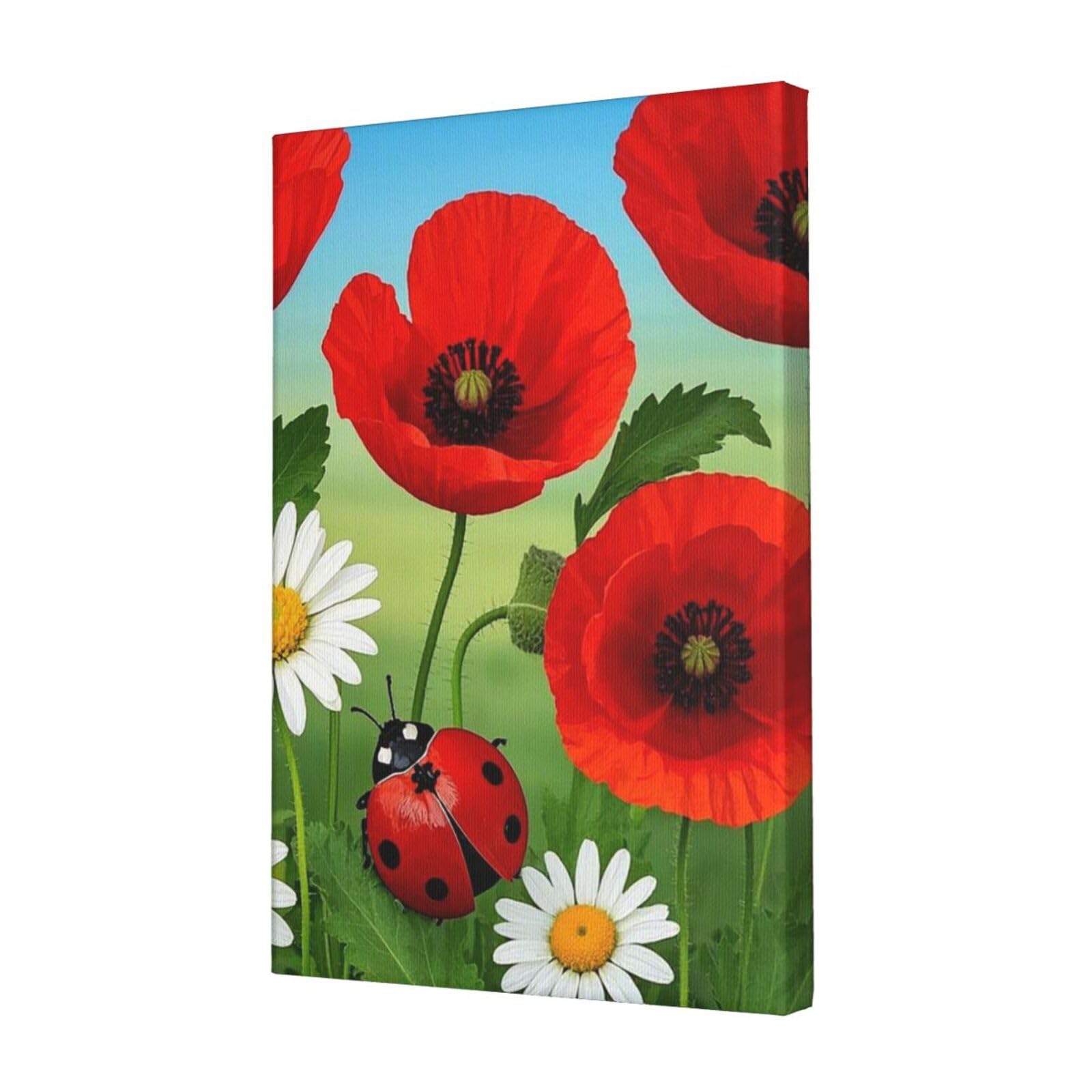 Chamomile Ladybug and Daisy Canvas Wall Art for Living Room Wall Decor 12"x18" Modern Artwork Painting Pictures Hanging Canvas Prints Aesthetic Wall Art for Bedroom Bathroom Office Wallart Decor