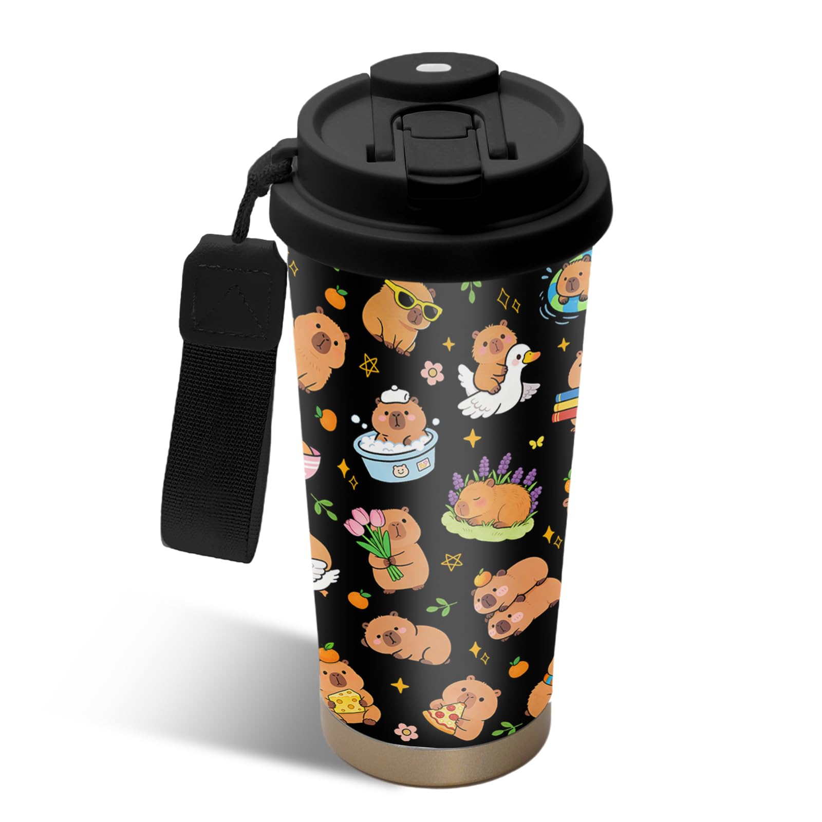 NEIUJADK Capybara Water Bottle Stainless Steel 2-in-1 Lid Coffee Tumbler 18 oz Cute Capybara Print Insulated Travel Coffee Mug Capybaras Gifts for Women Girls Birthday Christmas