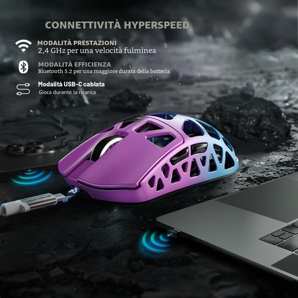ATTACK SHARK R3PRO 46g SUPERLIGHT Gaming Mouse in Lega di Magnesio, Wireless 8000Hz Tasso di Polling, 26000DPI, G502 Mouse da Gioco, 2.4G/BT/Cablato, PixArt PAW3395, con Cavo a Spirale, PC/Mac, Viola
