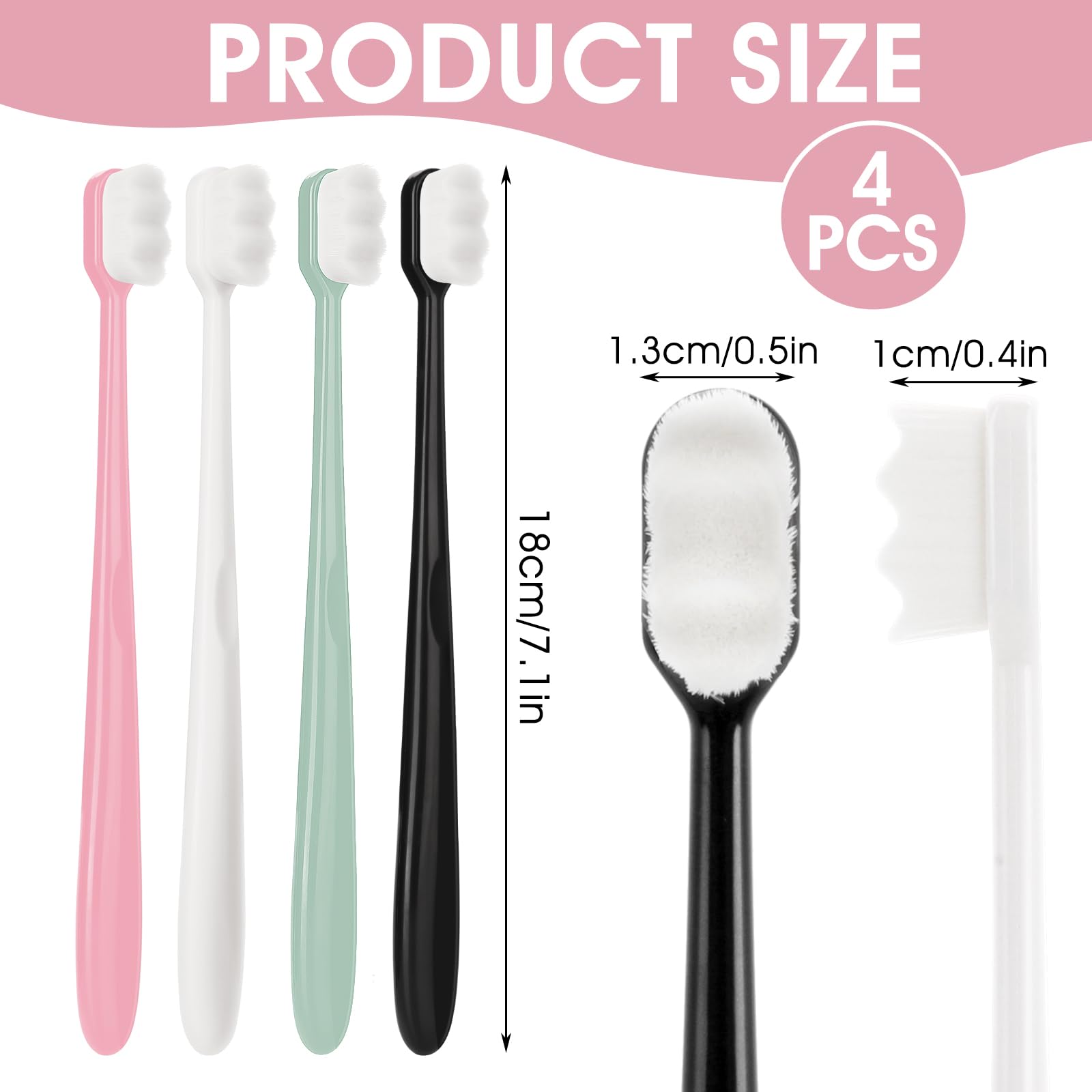 ElevateTech Micro Nano Toothbrushes, 4 Pcs Extra Soft Toothbrush with 10000 Ultra Soft Floss Black Wave Bristles Manual Toothbrush for Adults Kids Sensitive (Black White Pink Green)
