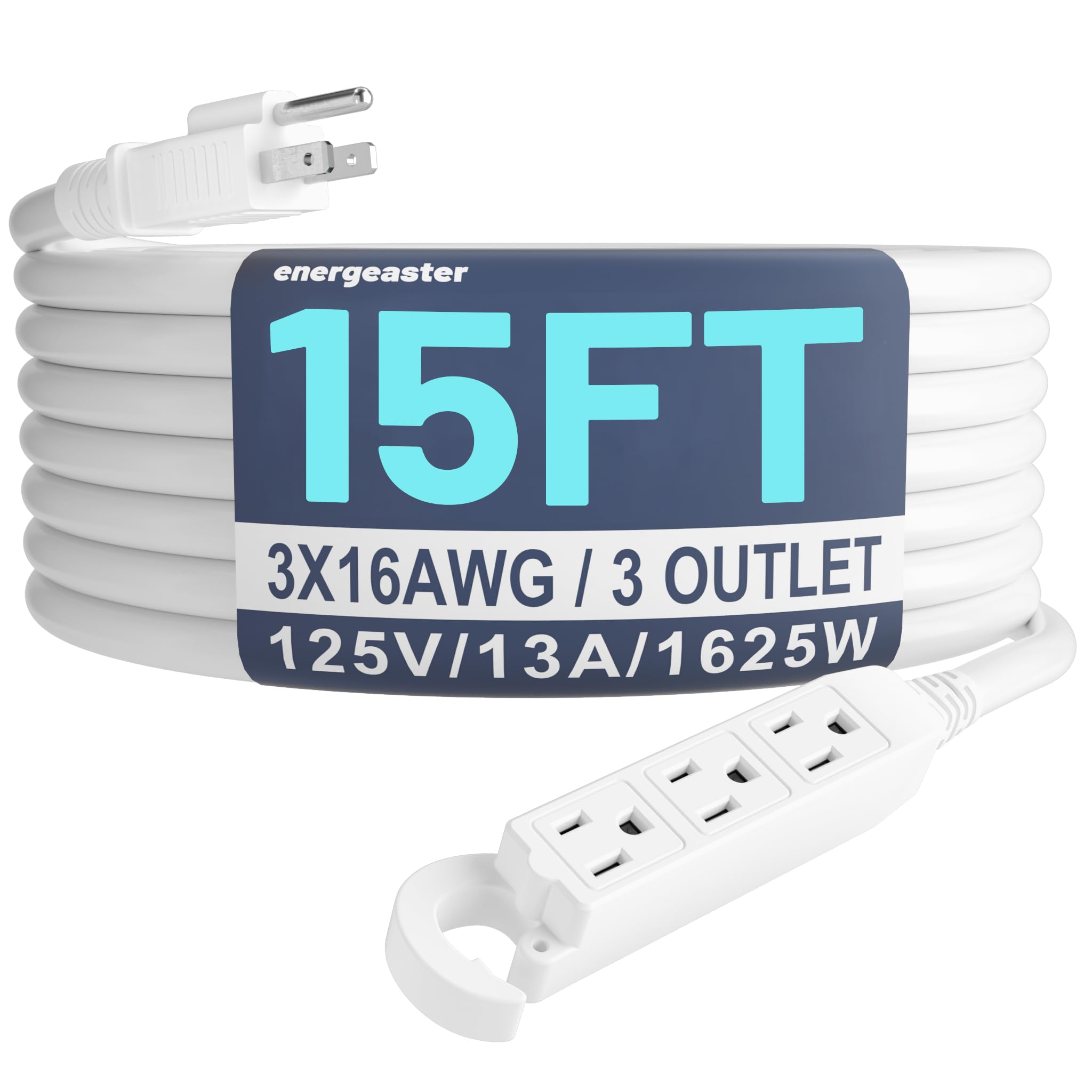 16/3 15 Ft 3 Outlet Extension Cord Outdoor Waterproof, White Extension Cords with Multiple Outlets, 3 Prong with Multi Outlet Outside 13A 1625W 16AWG,