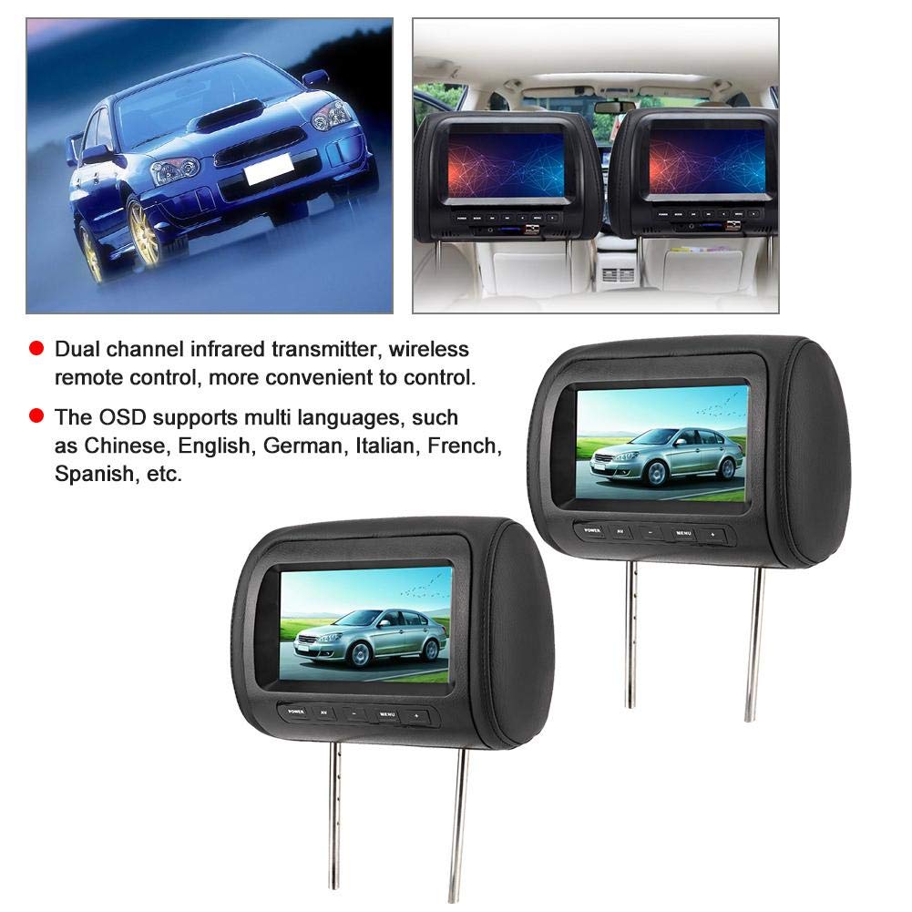 Reproductor de reposacabezas, Qiilu Headrest Player, 2pcs 7 in Control inalámbrico Universal Reposacabezas Ajustable LCD Video Player USB MP5 Display Black