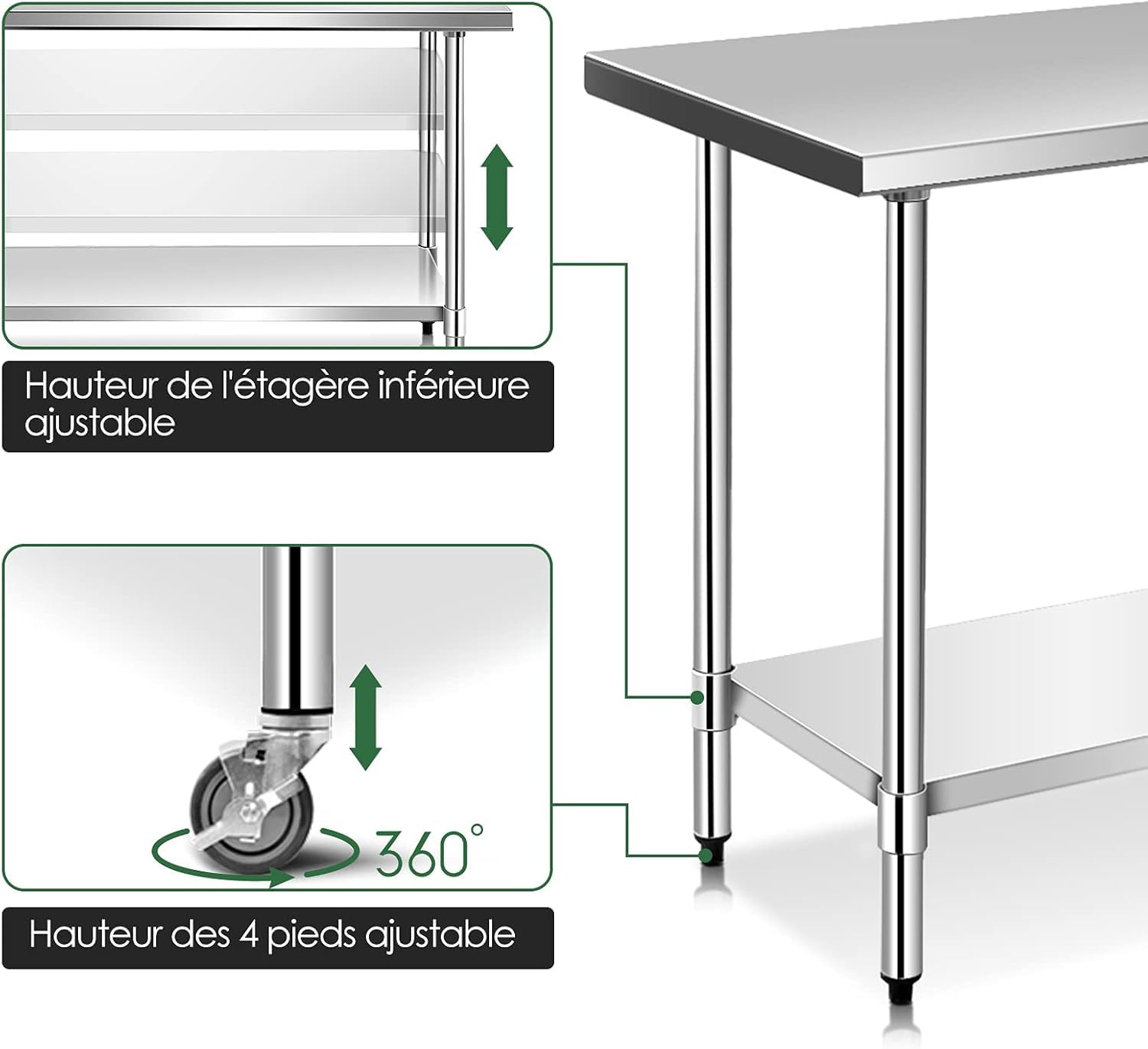 GOPLUS Mesa de Trabajo de Cocina de Acero Inoxidable con 2 Estantes, Mesa de Trabajo Profesional para Cocina y Operaciones Industriales (122 x 61 x 90 CM)