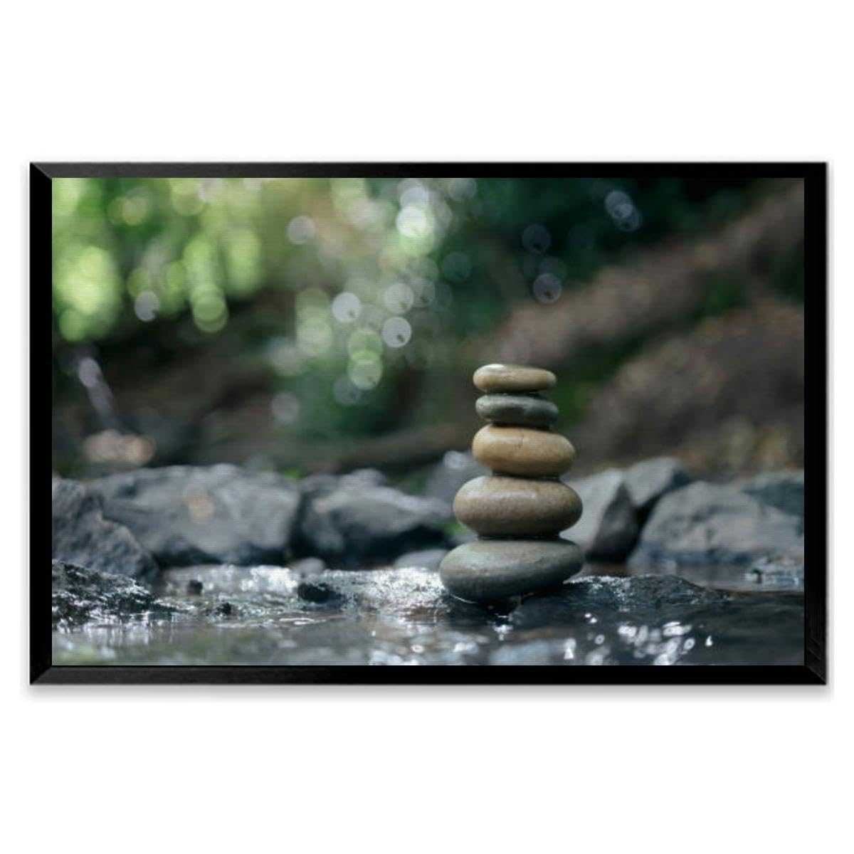 Stack zen stones pebble rocks stacked top each other stream Black Framed Canvas Wall Art for Living Room Bedroom Kitchen Bathroom Prints Pictures Wall