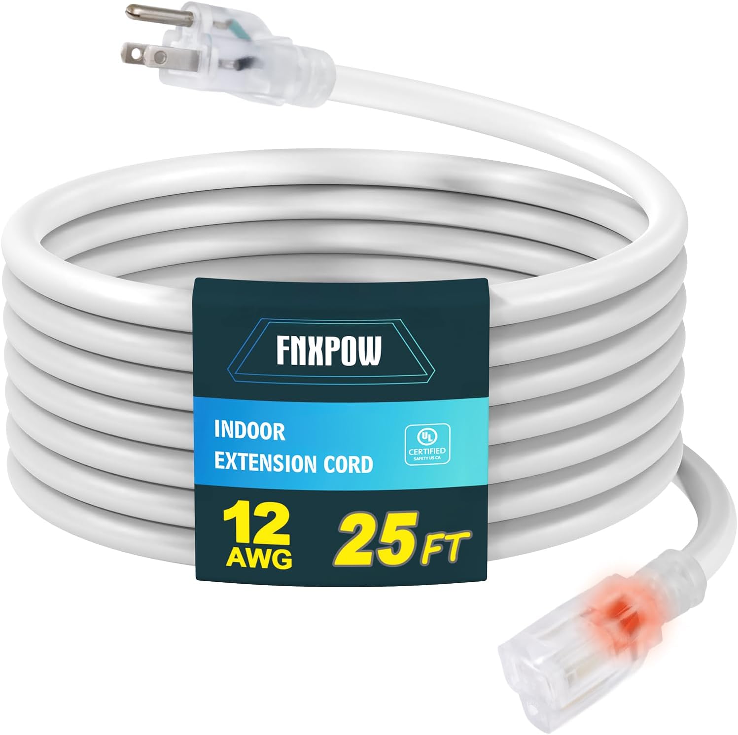 Indoor Outdoor Extension Cord, 12 Gauge 3 Prong Weatherproof Heavy Duty White Extension Cord with Lighted Indicator End，SJTW 15A 25FT Extension Cable for Garage, Garden and Home, UL Listed