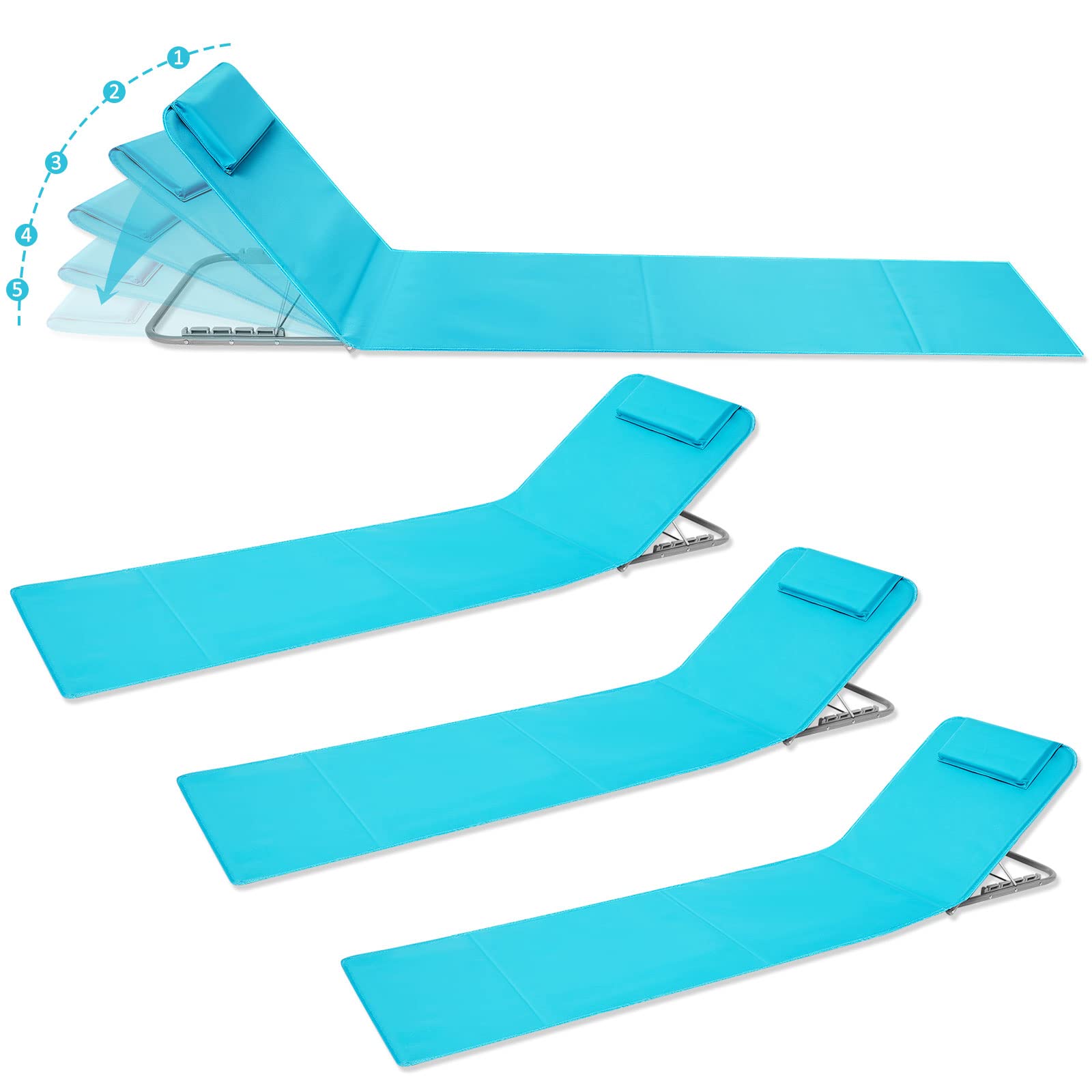 BBTO 4 Pcs Portable Beach Chair with Back Support Beach Lounge Chair for Adults 5 Position Adjustable Folding Tanning Chair Lightweight Beach Mat Loungers for Outdoor Sand Relaxing Camping Sunbathing