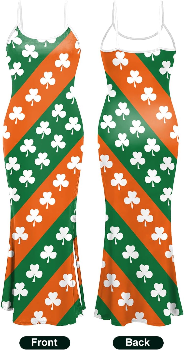 Women St Patrick's Day Shamrock Clover Printed Spaghetti Strap Bodycon Maxi Dresses - Image 6