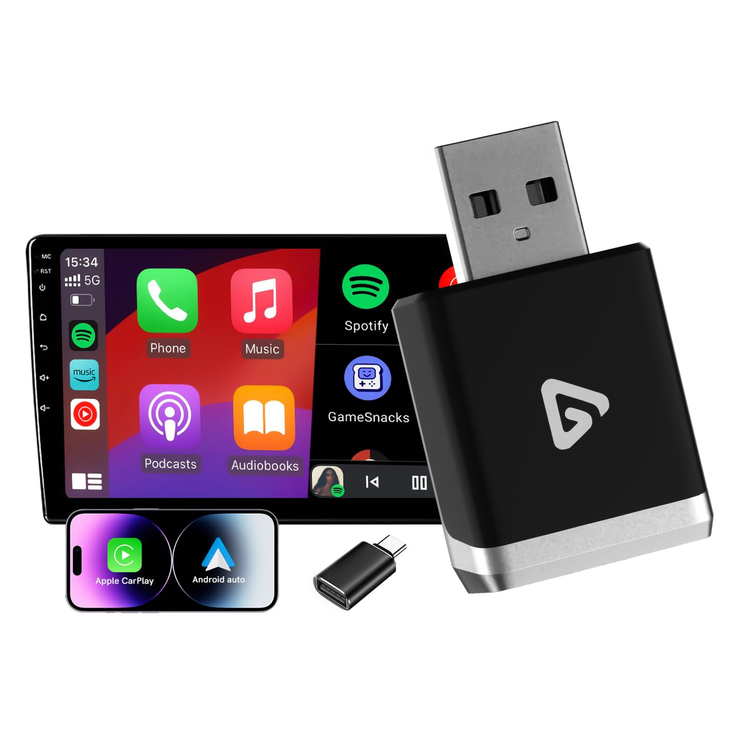 Adattatore Wireless 2 in 1 per Android Auto e CarPlay – Trasforma CarPlay cablato in wireless, con adattatore USB-C, WiFi 5.8GHz, facile da usare, mini e stabile, compatibile con iOS 10+ e Android 11+