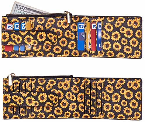 Image of Chelmon Women's RFID Slim Card Holder Wallet | Thin Bifold Multi Card Case with Zipper Coin Pocket Purse for Women(Sunflower)