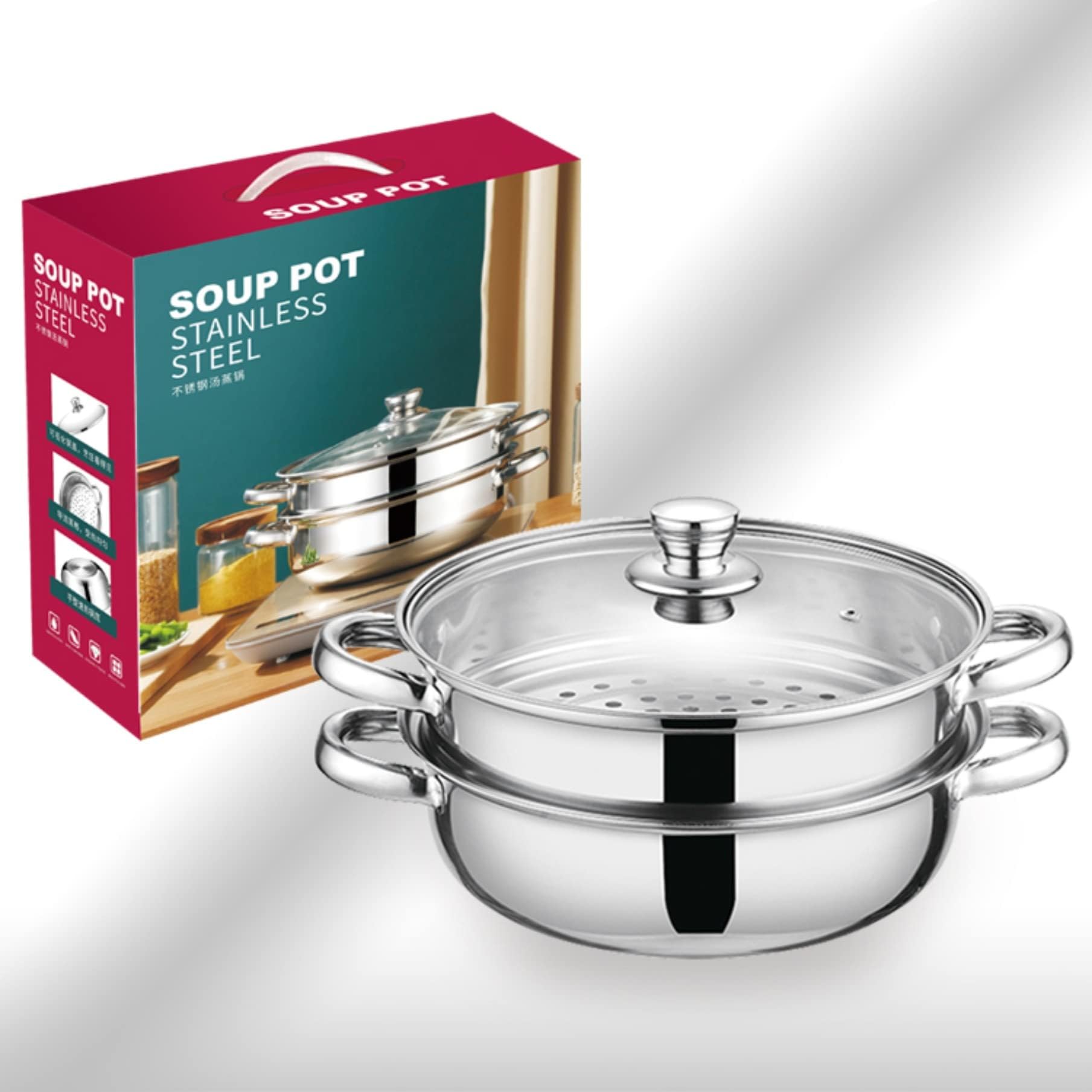 Steamer For Cooking, Stainless Steel Pot, Food 11 Inch Steam Pots With Lid 2-Tier Cooking Vegetables, Seafood, Soups, Stews And Pasta