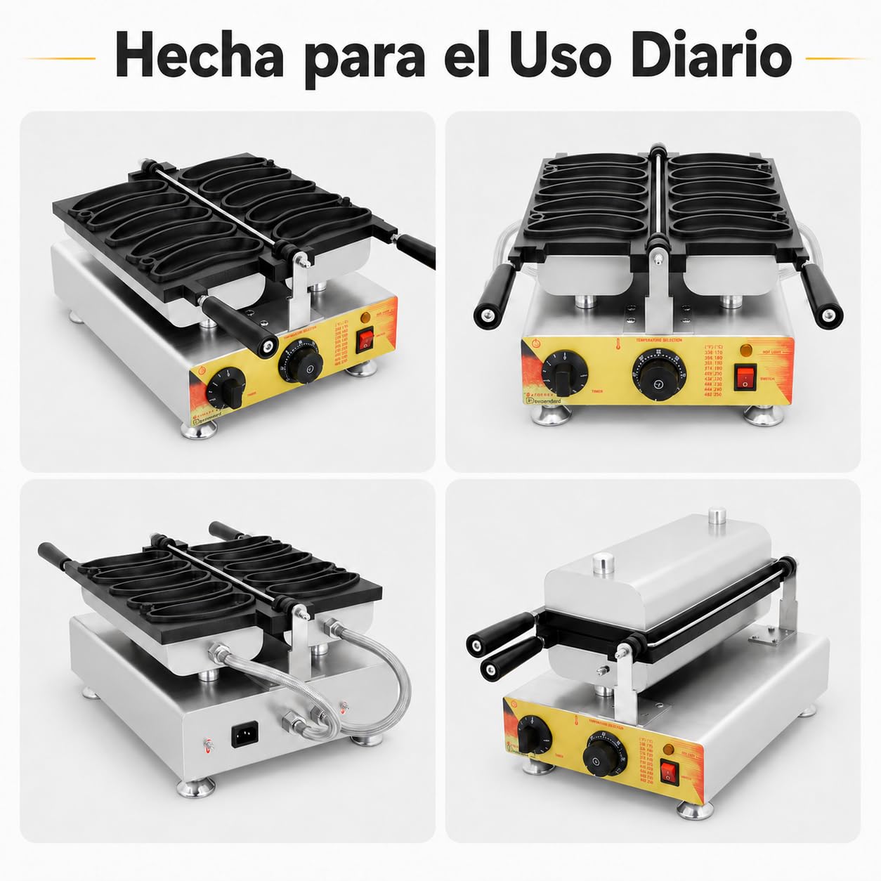 Gofrera Profesional con Forma de Plátano, 5 Gofres por Hornada, Placas Antiadherentes, Temporizador y Temperatura Ajustables, para Cafeterías, Heladerías, Churrerías y Food Trucks