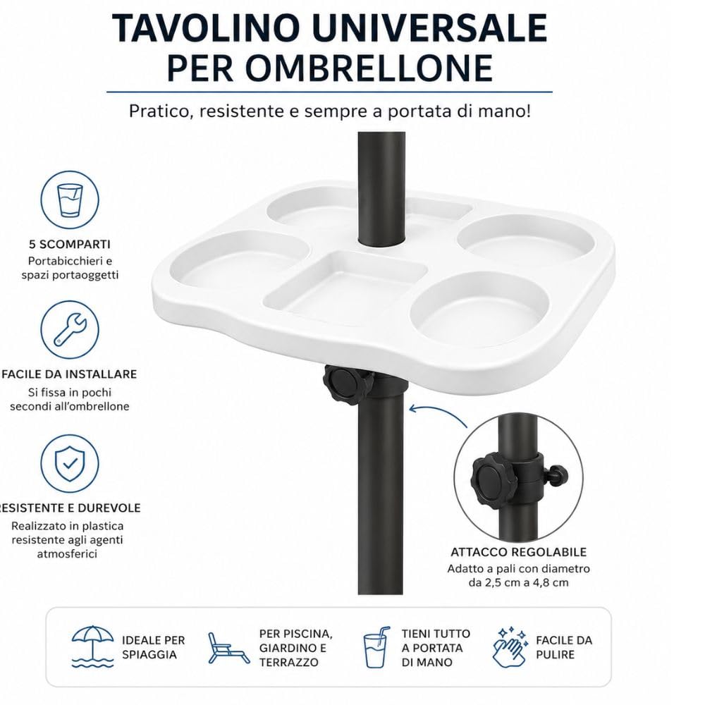 Tavolino Porta Oggetti per Ombrellone 35x35 cm – Tavolo Universale con Morsetto Regolabile 22-40 mm