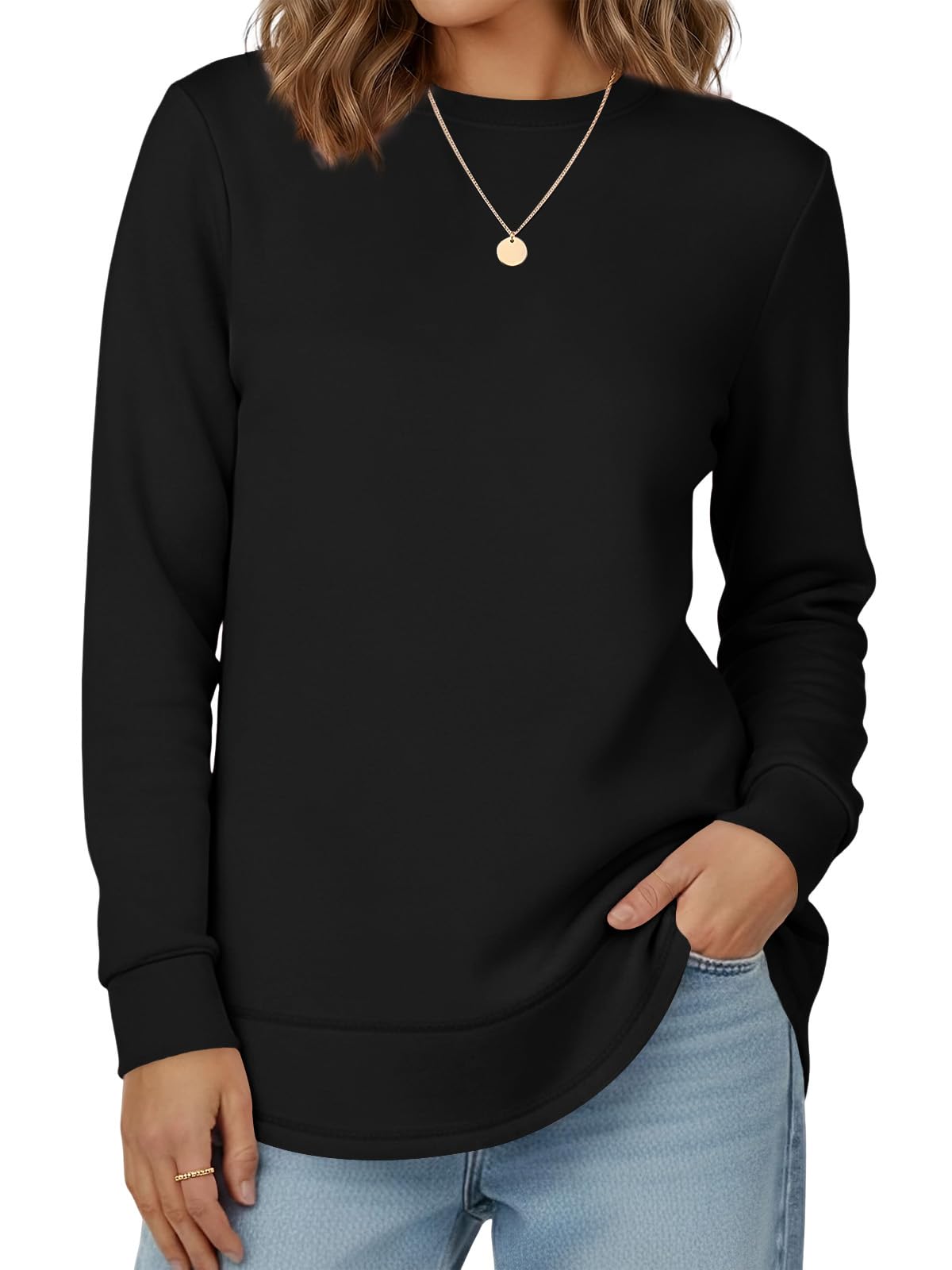 Cuptacc Sweatshirt Damen Herbst Elegant Pullover Rundhal Gebogener Saum | Oberteile,Ohne Kapuze,Casual,Langarmshirt,Basic,Alltag,Freizeit,Frühling,Schlicht,Lässig