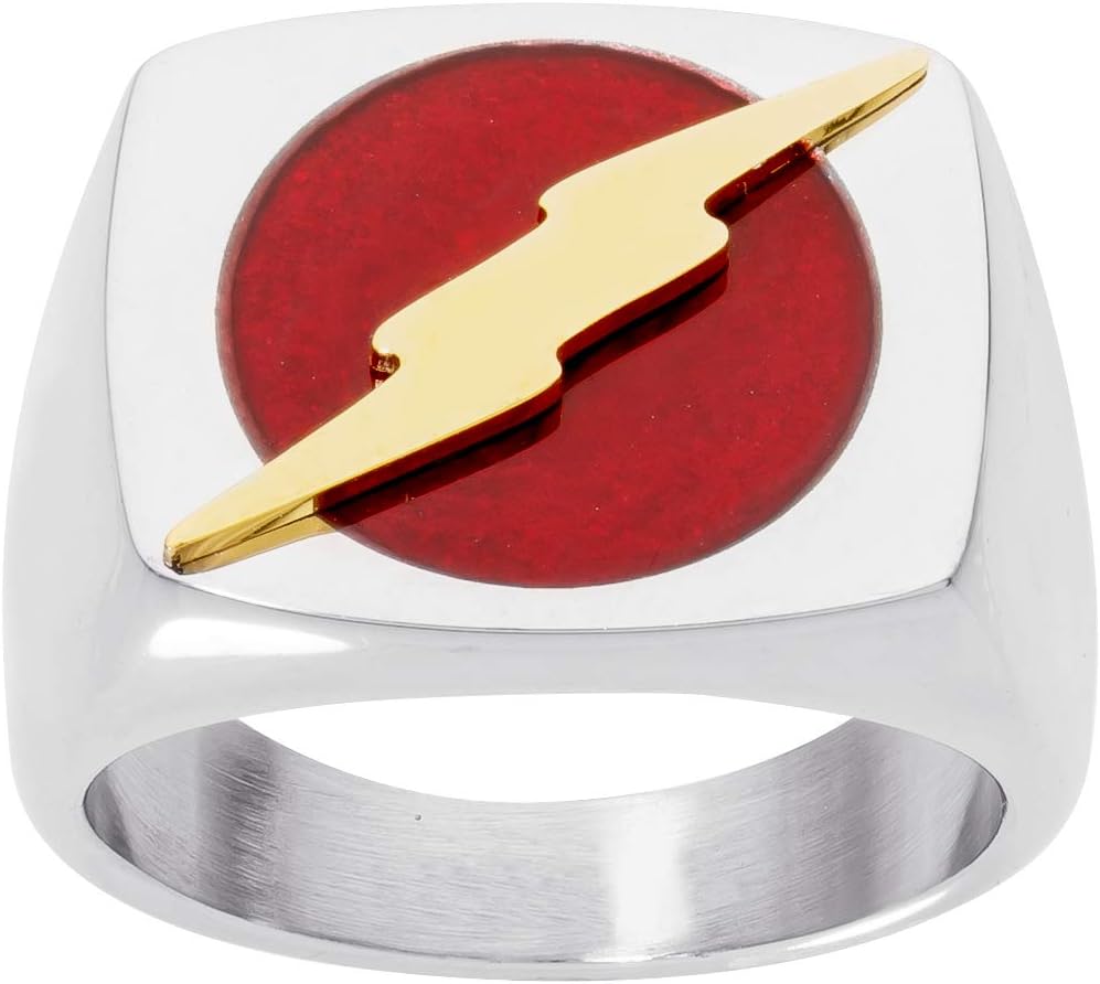 DC Comics メンズ ステンレススチール ジャスティスリーグ スーパーヒーロー ロゴリング ジュエリー レッド