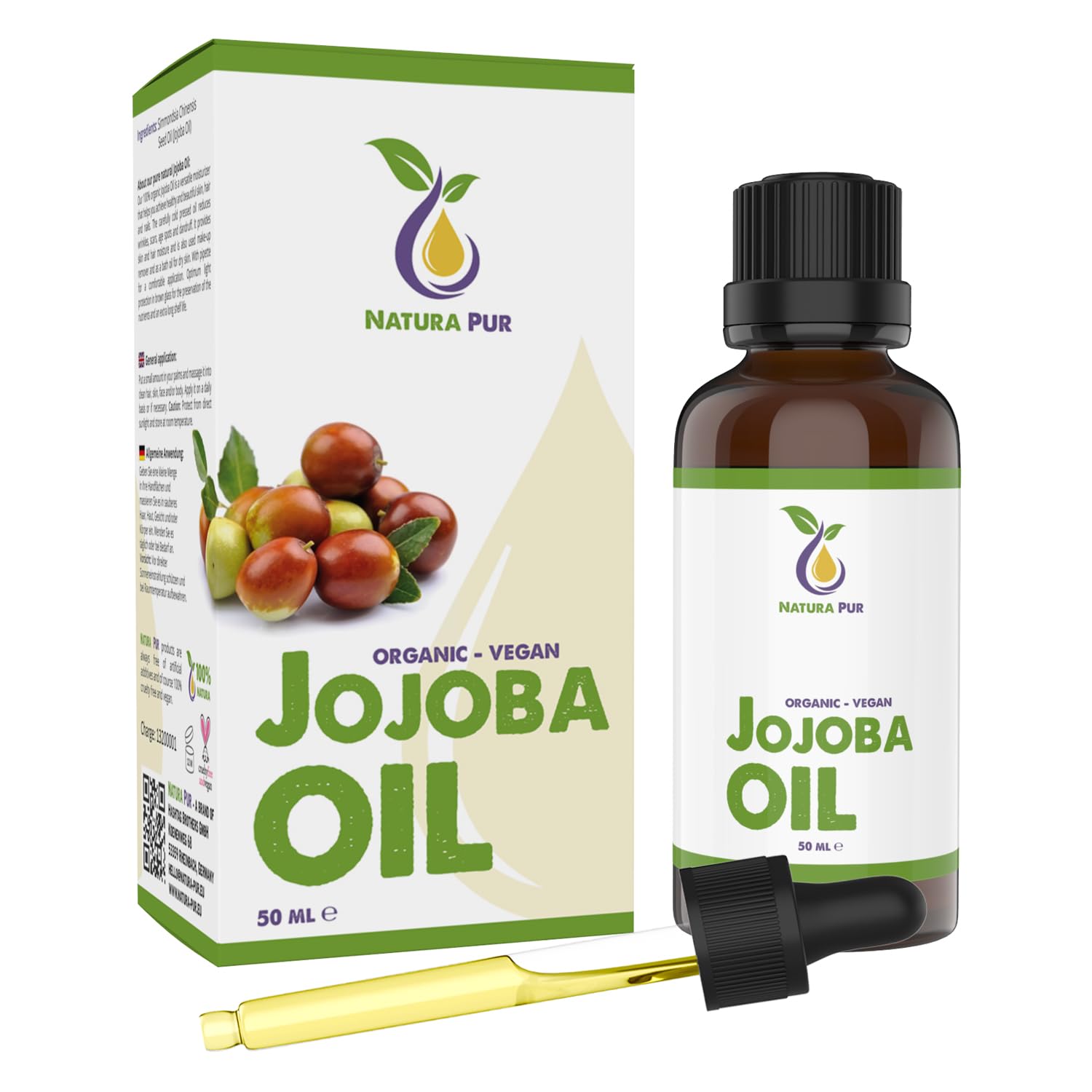 Jojoba Oil 50ml, 100% organic, cold pressed, vegan, anti-aging, anti-wrinkle serum for face body, skin, hands, nails